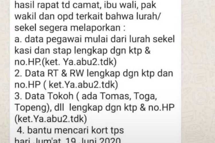 Viral Pesan WA, Lurah Di Tangsel Diminta Cari Data dan Koordinator TPS Jelang Pilkada 2020?