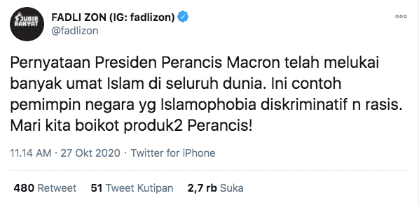 Macron Hina Islam, Fadli Zon Ajak Masyarakat Boikot Produk-Produk Prancis