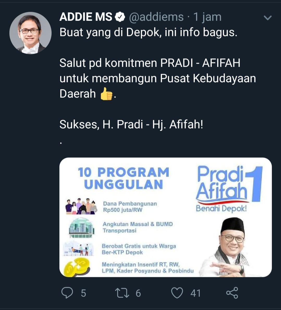 Pradi-Afifah Ingin Bangun Pusat Kebudayaan Daerah, Addie MS Doakan Semoga Menang