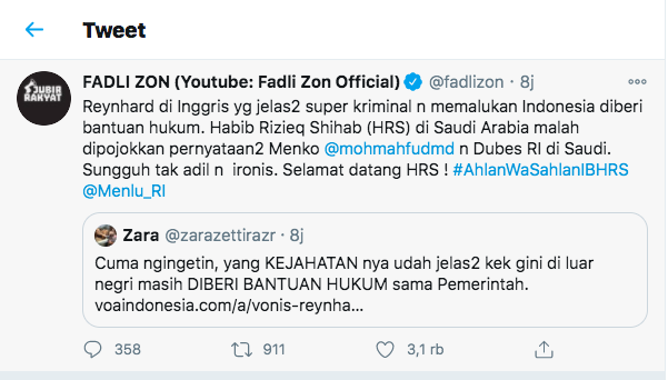 Fadli Zon Bandingkan Kasus Reynhard Dan HRS: Sungguh Tidak Adil Dan Ironis