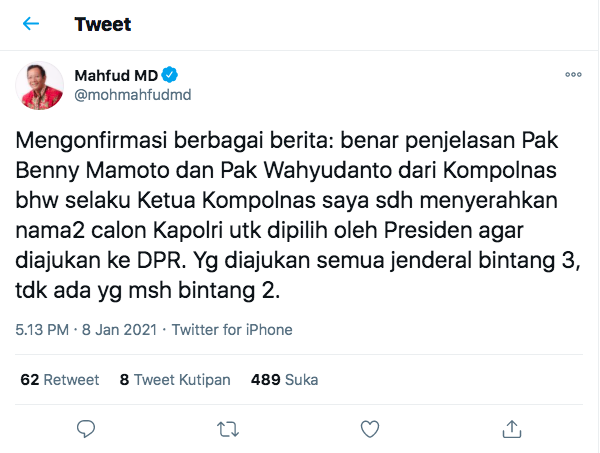 Mahfud MD Akui Sudah Serahkan Nama-Nama Calon Kapolri Ke Presiden Jokowi