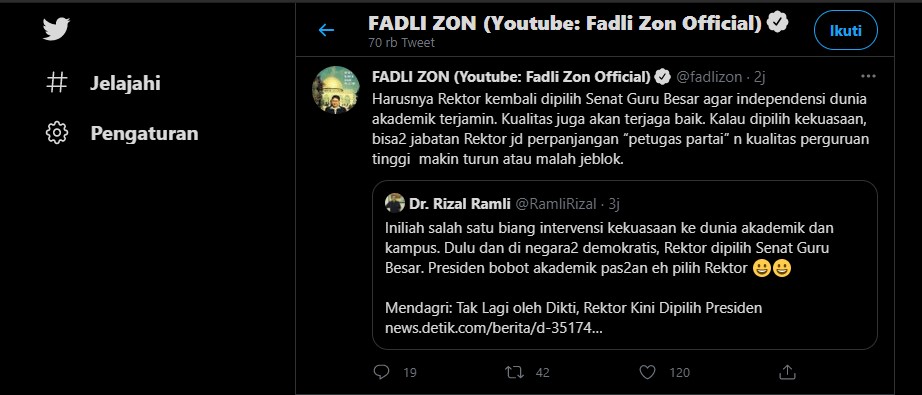 Fadli Zon Usulkan Jabatan Rektor Dipilih Senat Guru Besar