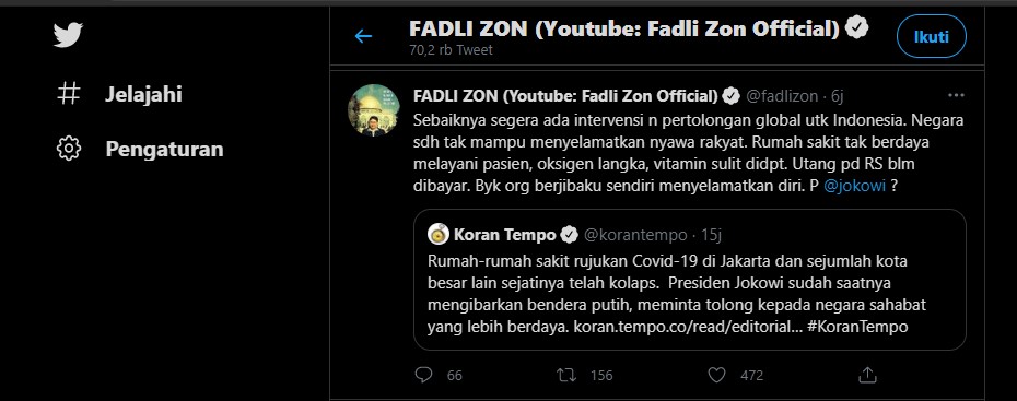 Fadli Zon Nilai Indonesia Sudah Tak Mampu Selamatkan Nyawa Rakyat