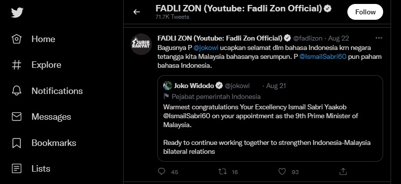 Fadli Zon Soroti Ucapan Selamat Jokowi ke Ismail Sabri Yaakob