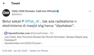 Fadli Zon Setuju dengan Pendapat JK: Tak Ada Radikalisme di Masjid