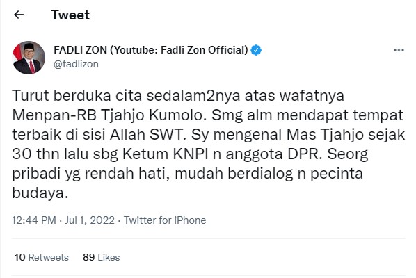 Sosok Tjahjo Kumolo di Mata Fadli Zon: Rendah Hati, Mudah Berdialog, dan Pecinta Budaya