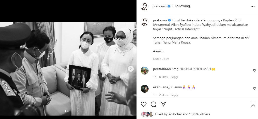 Prabowo Temui Keluarga Kapten PnB Allan: Semoga Perjuangan Almarhum Diterima di Sisi Tuhan Yang Maha Kuasa