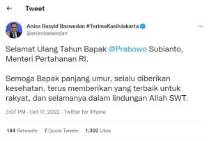 Lewat ‘Twitter’ Pribadi, Anies Berikan Ucapan Selamat Ulang Tahun ke Prabowo